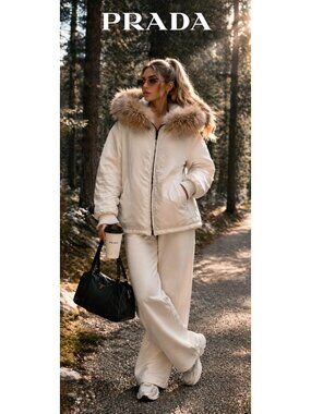 PRADA Sport Linea Rossa Gore-Tex Jacket Womens 42 White Real Fur Hood Nylon Coat